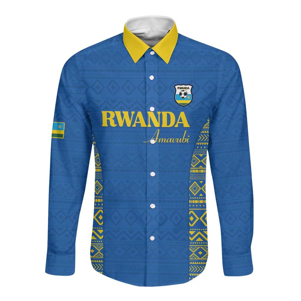 Rwanda Football Custom Long Sleeve Button Shirt Stand With Amavubi - Blue - African Pride