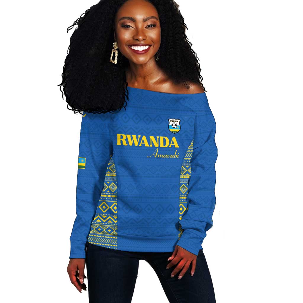 Rwanda Football Custom Off Shoulder Sweater Stand With Amavubi - Blue - African Pride