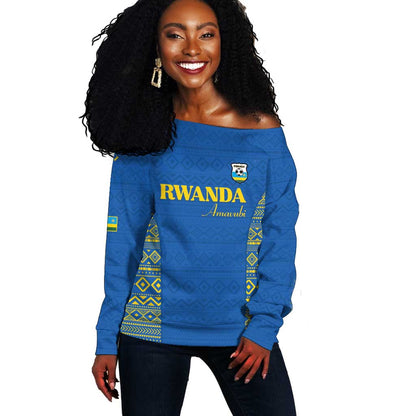Rwanda Football Custom Off Shoulder Sweater Stand With Amavubi - Blue - African Pride