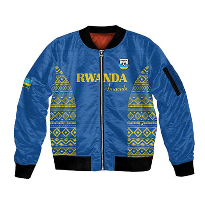 Rwanda Football Custom Sleeve Zip Bomber Jacket Stand With Amavubi - Blue - African Pride