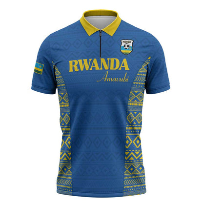 Rwanda Football Custom Zipper Polo Shirt Stand With Amavubi - Blue - African Pride