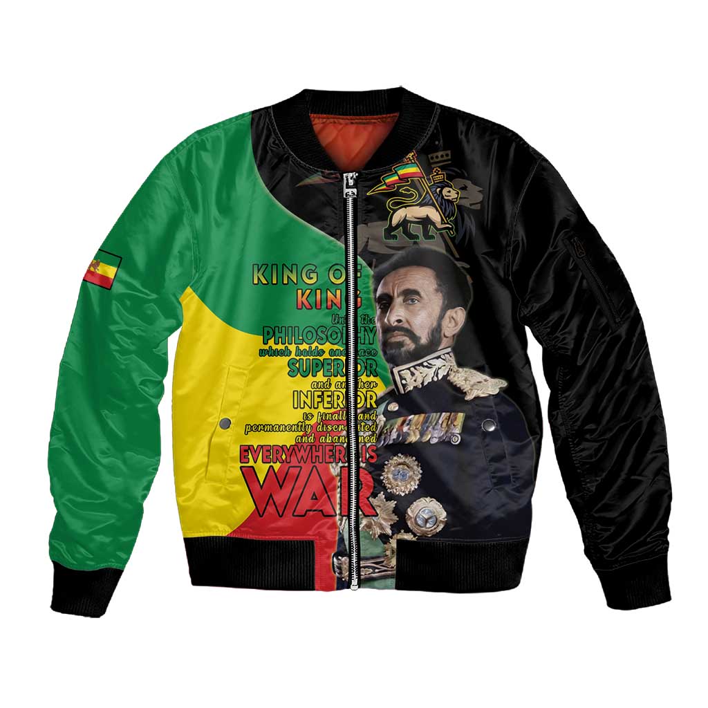 Jah Rastafari Sleeve Zip Bomber Jacket Haile Selassie
