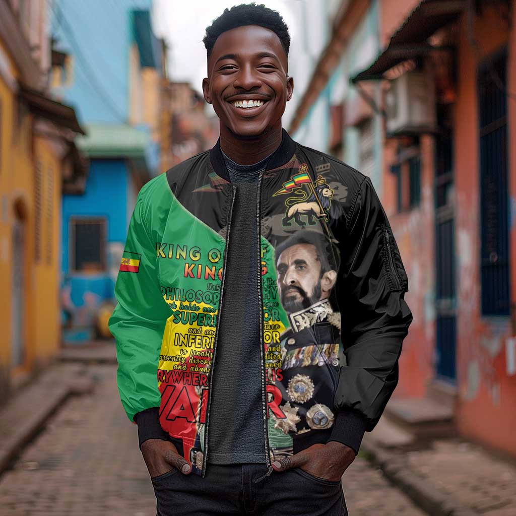 Jah Rastafari Sleeve Zip Bomber Jacket Haile Selassie