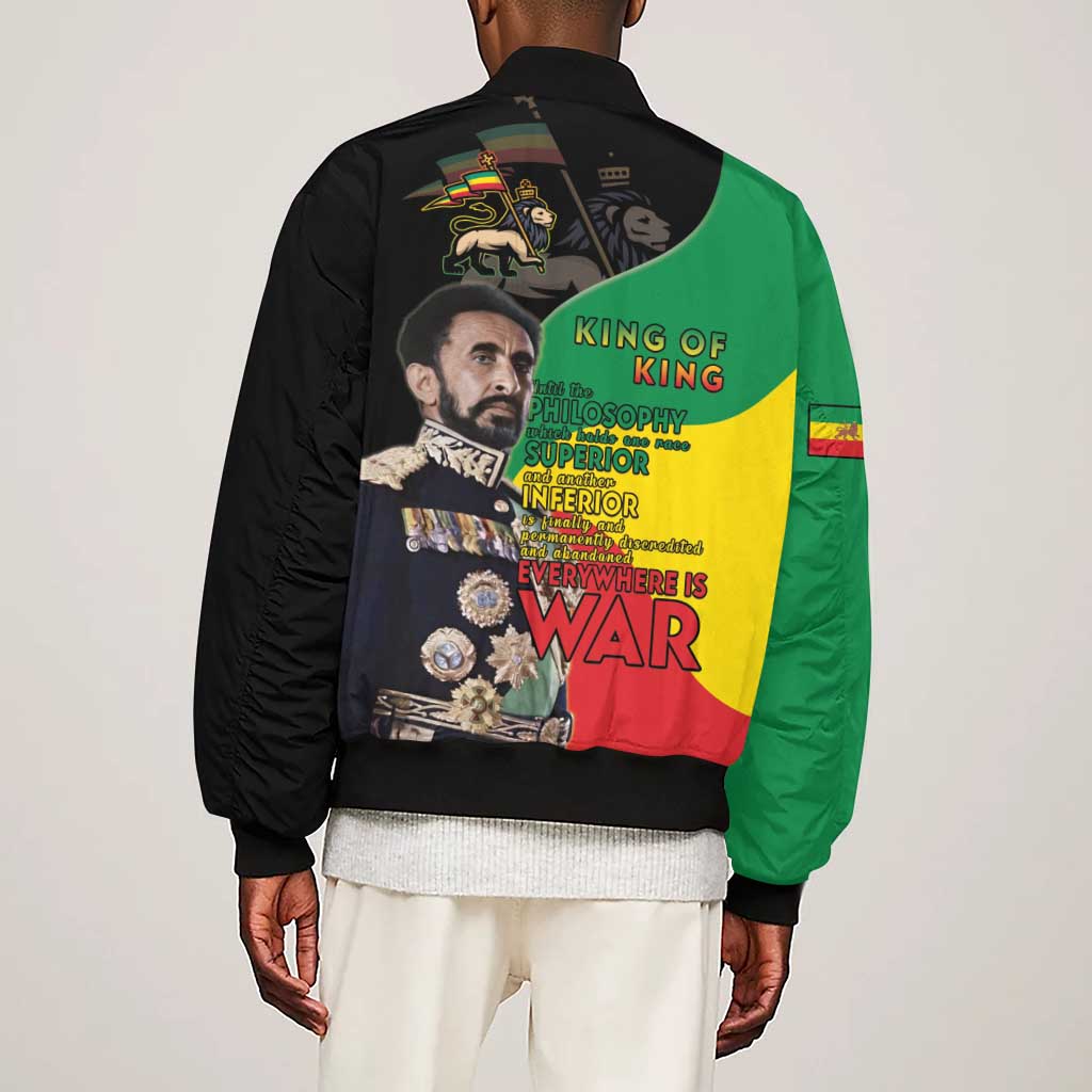 Jah Rastafari Sleeve Zip Bomber Jacket Haile Selassie
