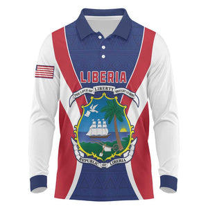 Personalised Afro Liberia Long Sleeve Polo Shirt Coat Of Arms With Flag Map - African Pattern