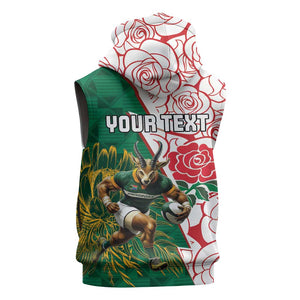 Personalized South Africa Combine England Rugby Sleeveless Zip Hoodie Springboks and Red Rose - African Pride