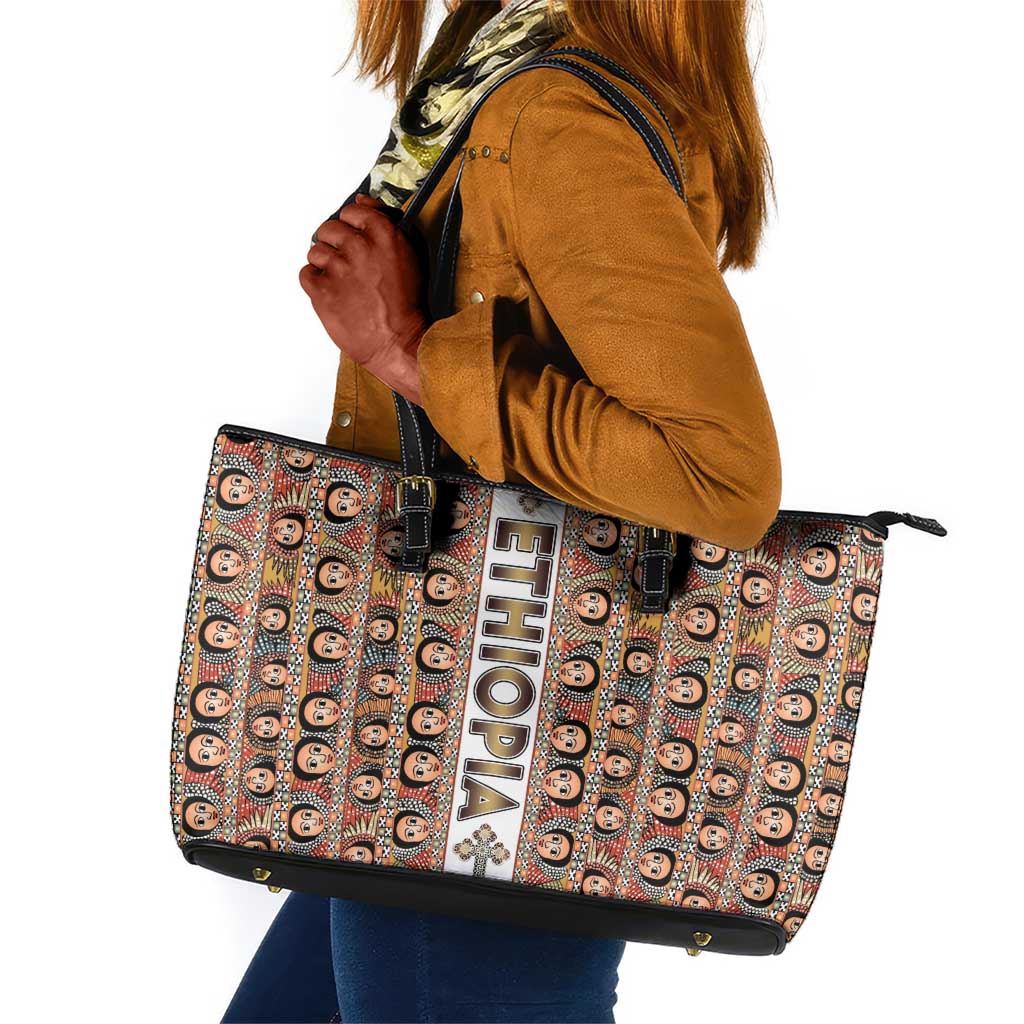 Personalized Ethiopia Leather Tote Bag Ethiopian Tewahedo Angel Orthodox