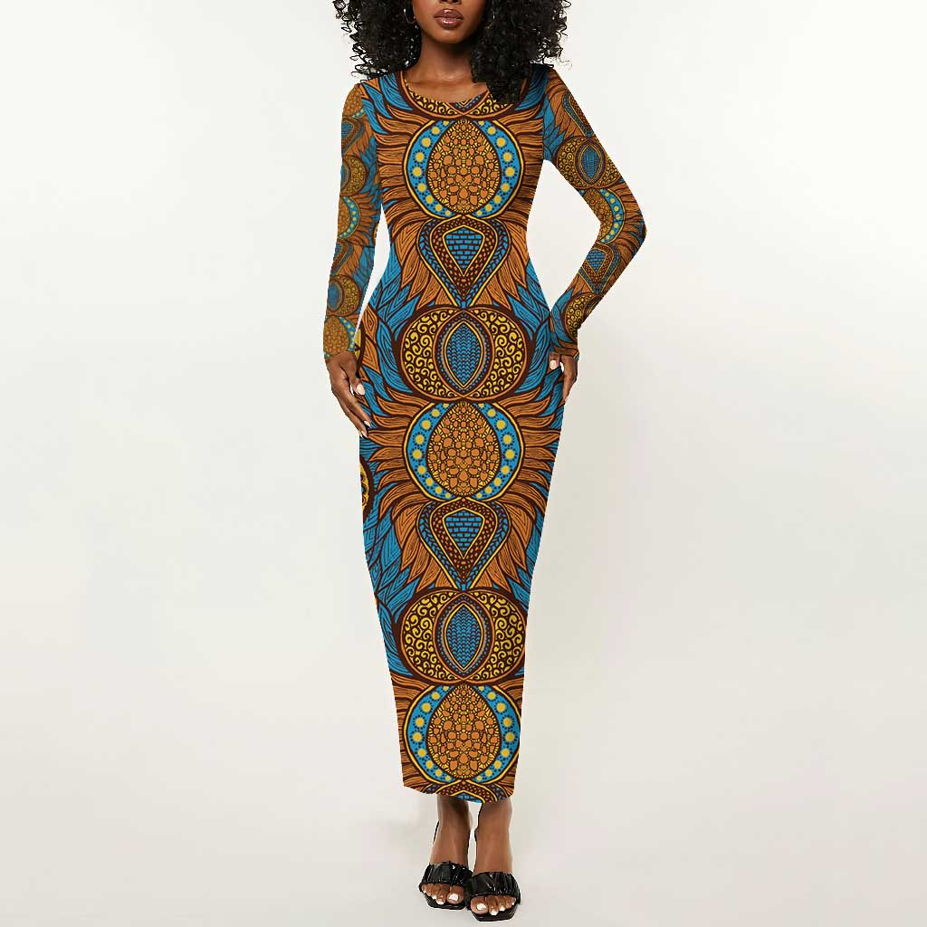 Tribal Earth African Ankara Pattern Long Sleeve Bodycon Dress