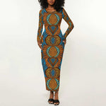 Tribal Earth African Ankara Pattern Long Sleeve Bodycon Dress