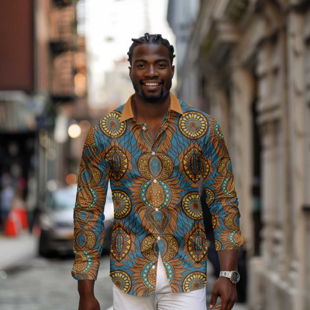 Tribal Earth African Ankara Pattern Long Sleeve Button Shirt