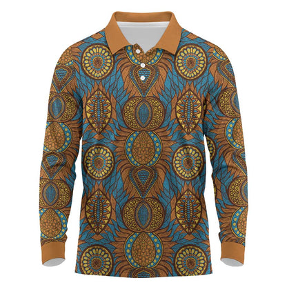 Tribal Earth African Ankara Pattern Long Sleeve Polo Shirt