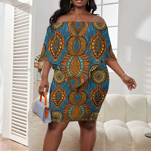 Tribal Earth African Ankara Pattern Off Shoulder Short Dress
