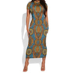 Tribal Earth African Ankara Pattern Short Sleeve Bodycon Dress