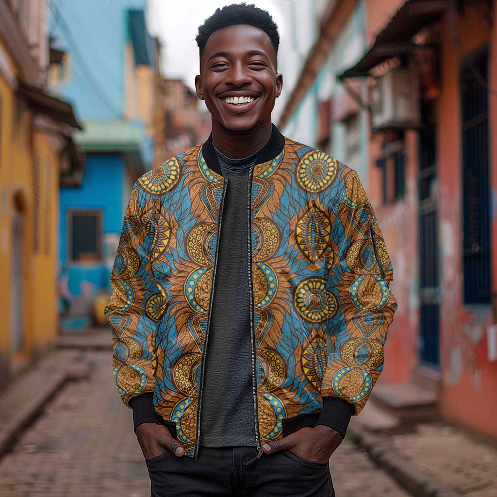 Tribal Earth African Ankara Pattern Sleeve Zip Bomber Jacket