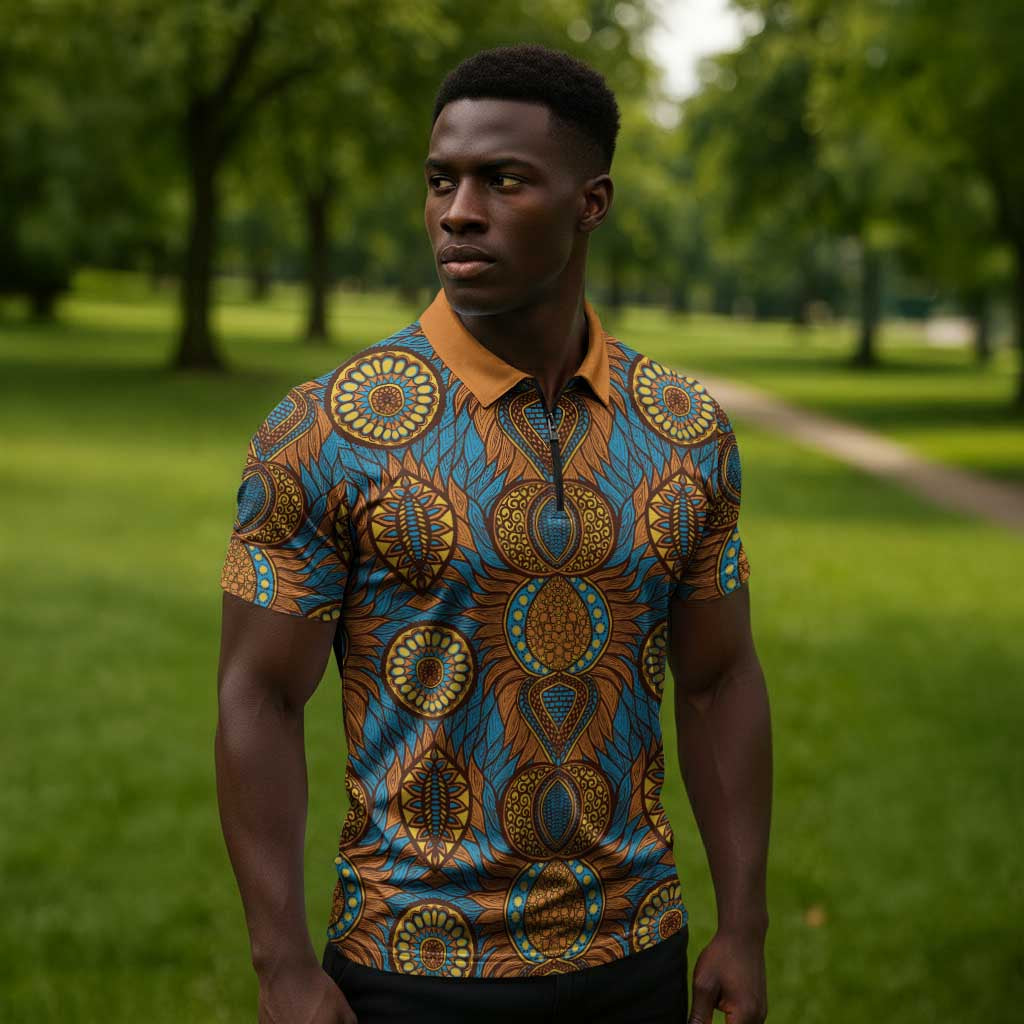 Tribal Earth African Ankara Pattern Zipper Polo Shirt