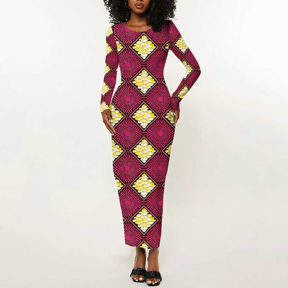 Ruby Gold African Ankara Pattern Long Sleeve Bodycon Dress
