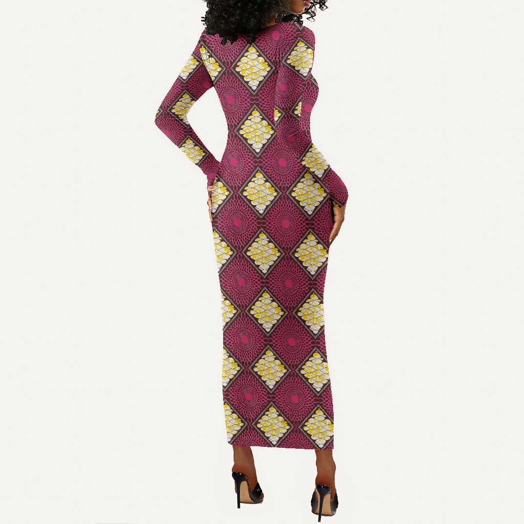 Ruby Gold African Ankara Pattern Long Sleeve Bodycon Dress