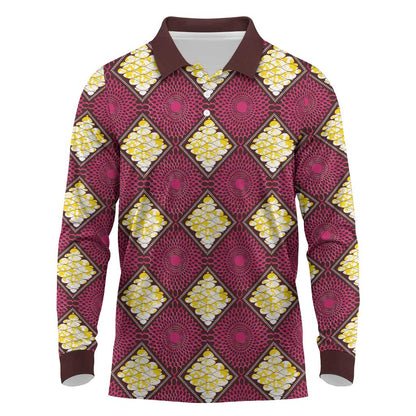 Ruby Gold African Ankara Pattern Long Sleeve Polo Shirt