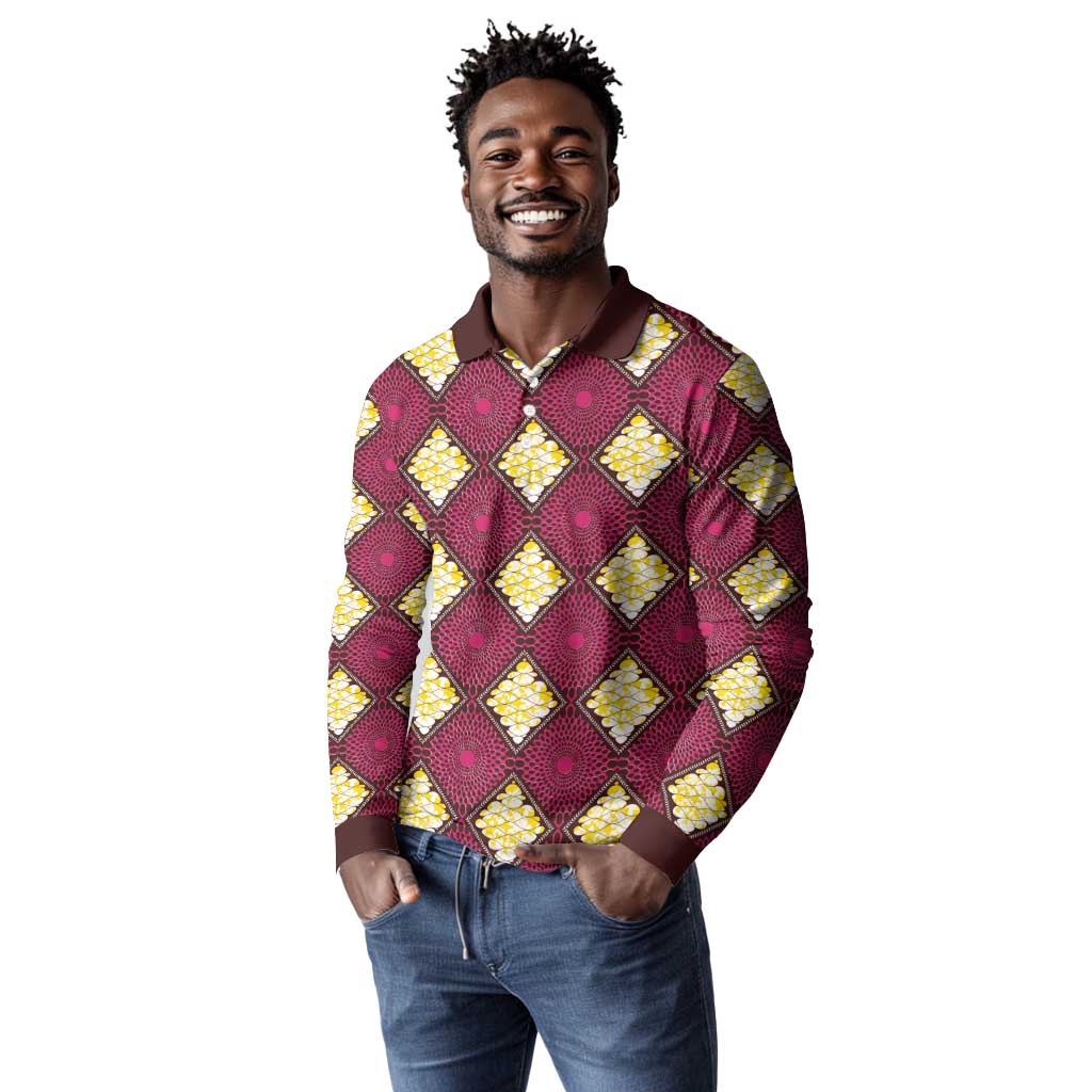 Ruby Gold African Ankara Pattern Long Sleeve Polo Shirt