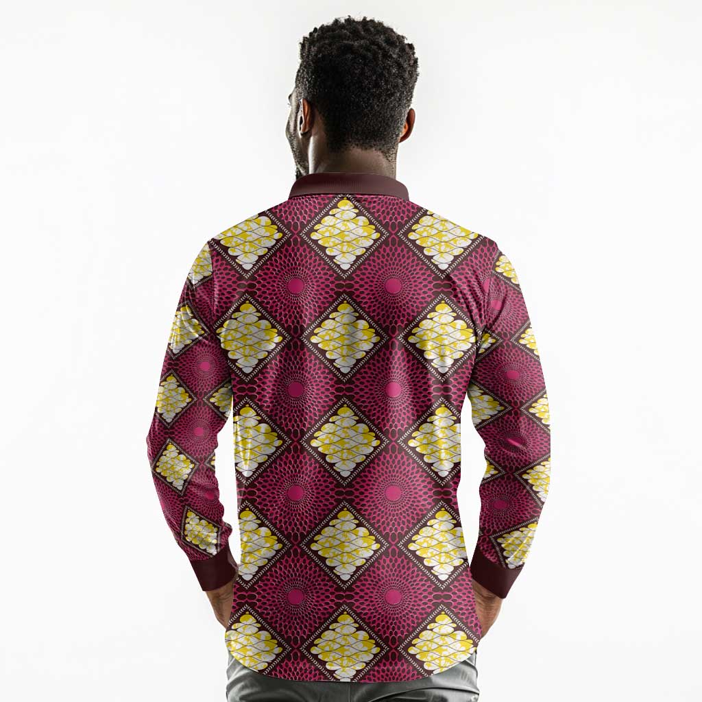 Ruby Gold African Ankara Pattern Long Sleeve Polo Shirt