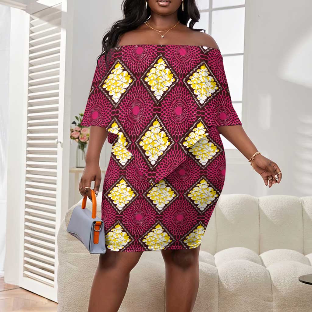 Ruby Gold African Ankara Pattern Off Shoulder Short Dress