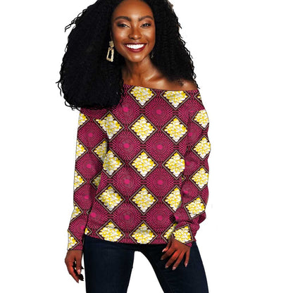 Ruby Gold African Ankara Pattern Off Shoulder Sweater