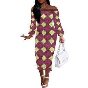 Ruby Gold African Ankara Pattern Off The Shoulder Long Sleeve Dress