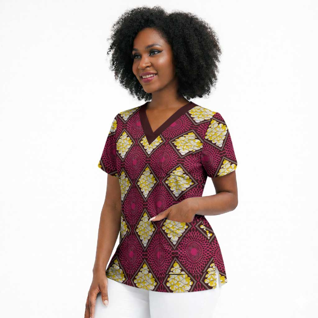 Ruby Gold African Ankara Pattern Scrub Top