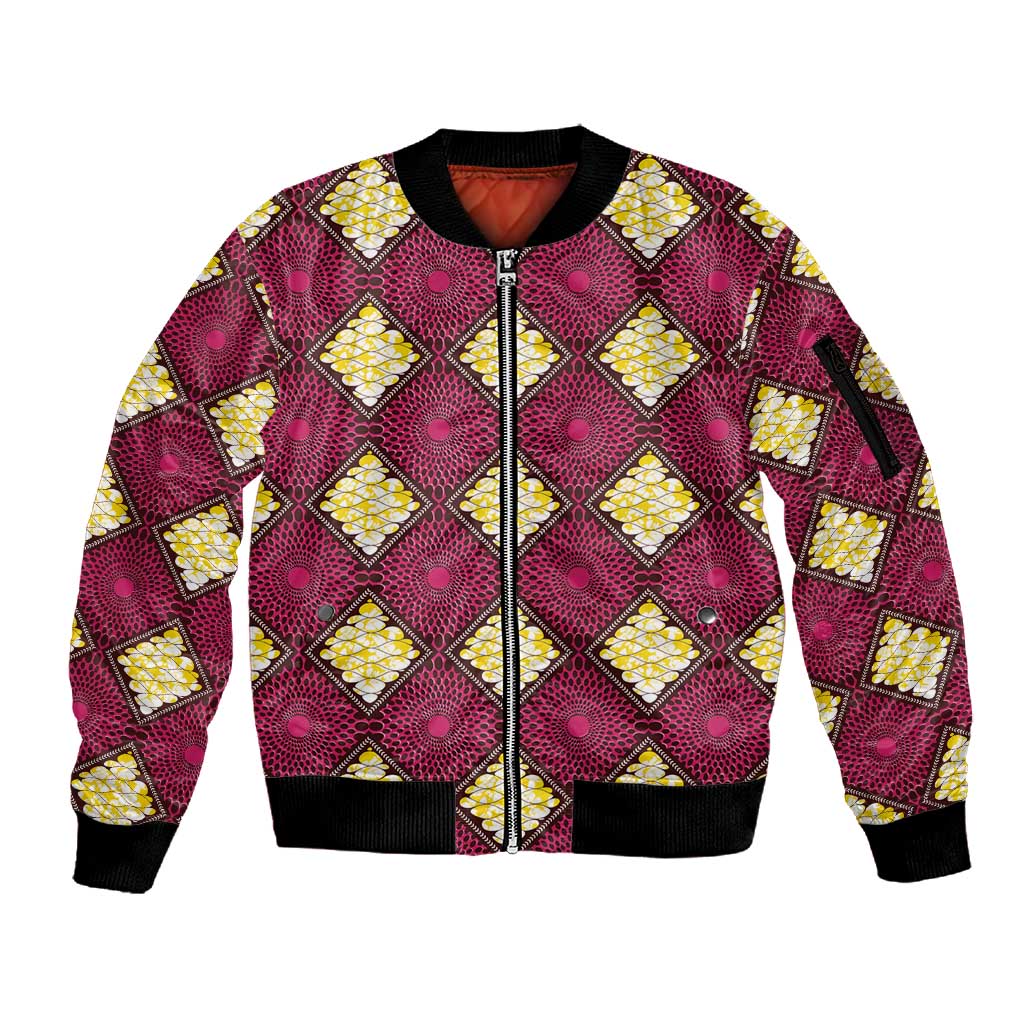 Ruby Gold African Ankara Pattern Sleeve Zip Bomber Jacket