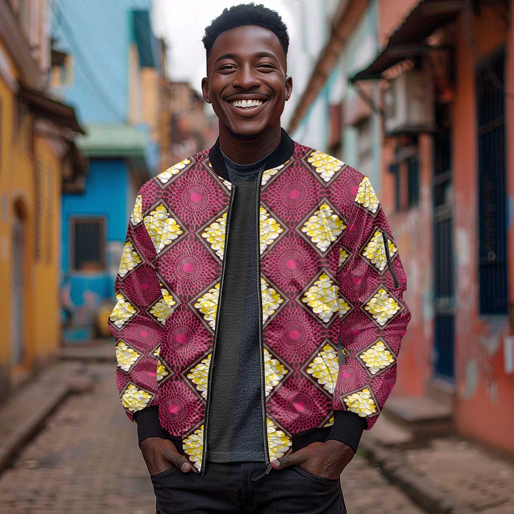 Ruby Gold African Ankara Pattern Sleeve Zip Bomber Jacket