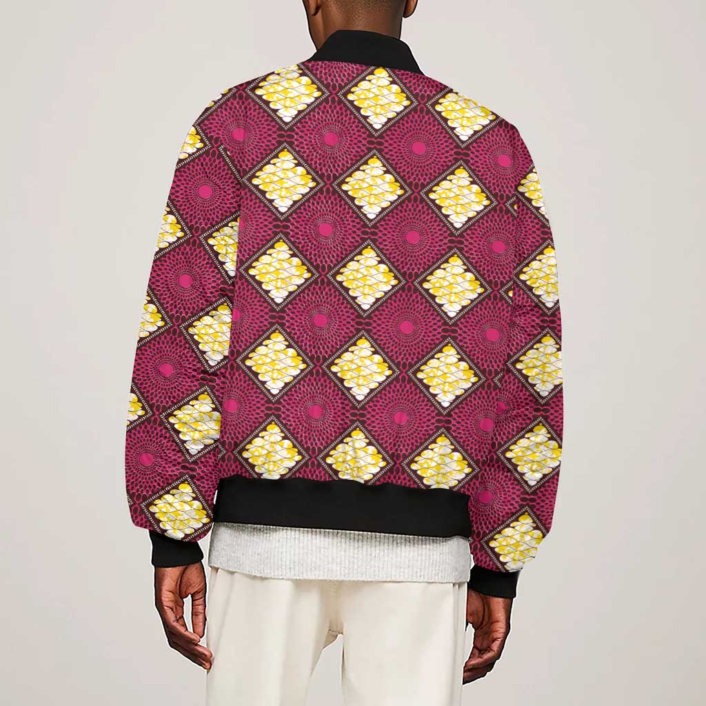 Ruby Gold African Ankara Pattern Sleeve Zip Bomber Jacket
