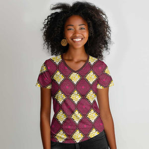 Ruby Gold African Ankara Pattern Women V-Neck T-Shirt