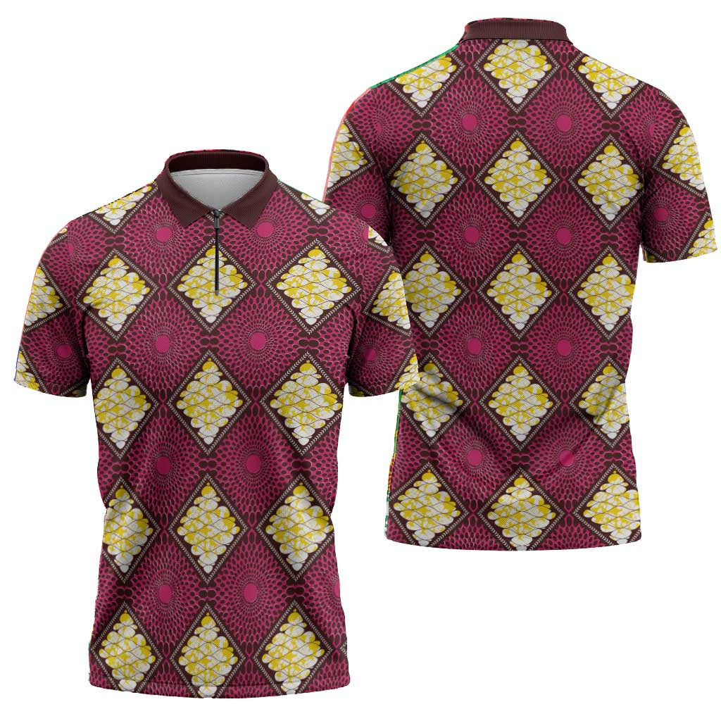 Ruby Gold African Ankara Pattern Zipper Polo Shirt
