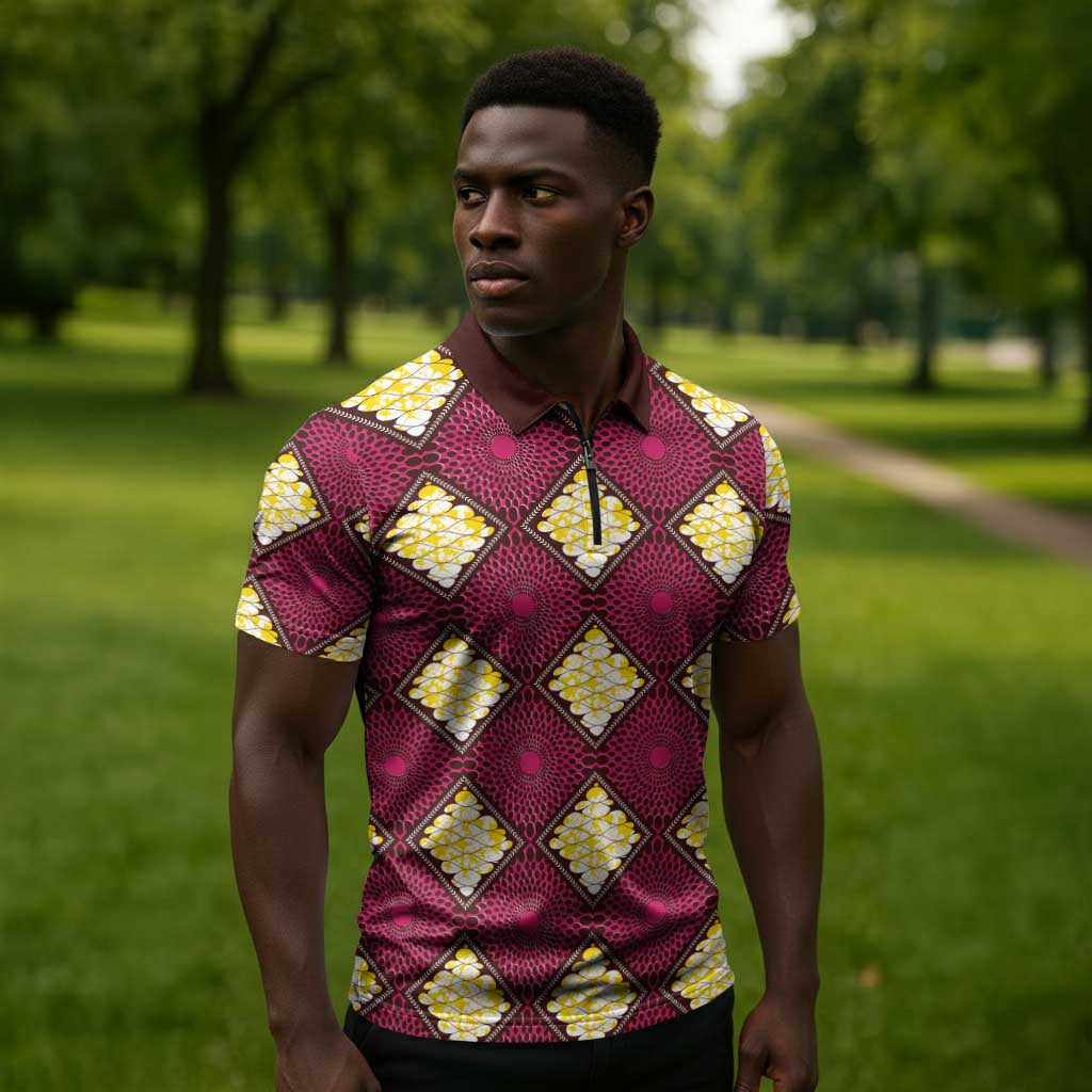Ruby Gold African Ankara Pattern Zipper Polo Shirt