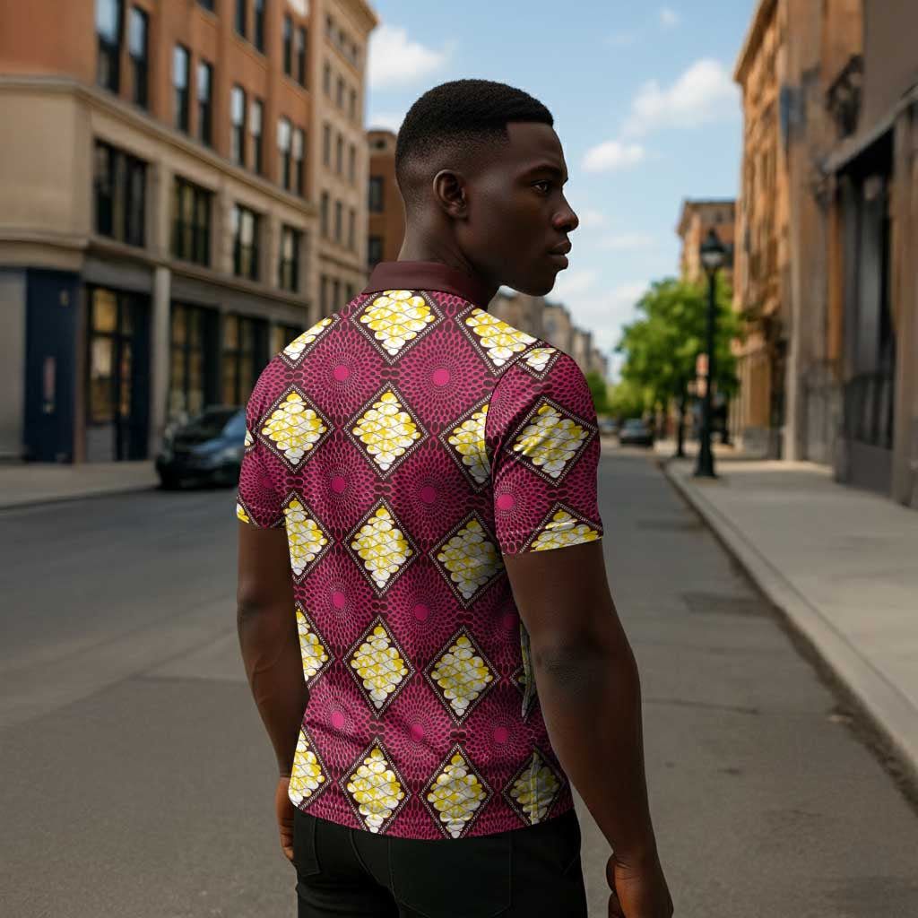 Ruby Gold African Ankara Pattern Zipper Polo Shirt