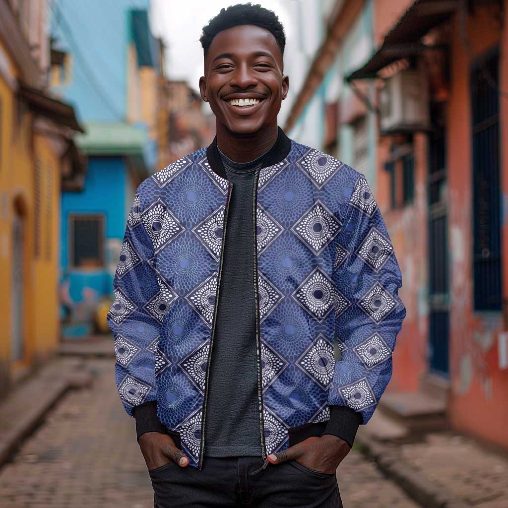Indigo Diamond African Ankara Pattern Bomber Jacket
