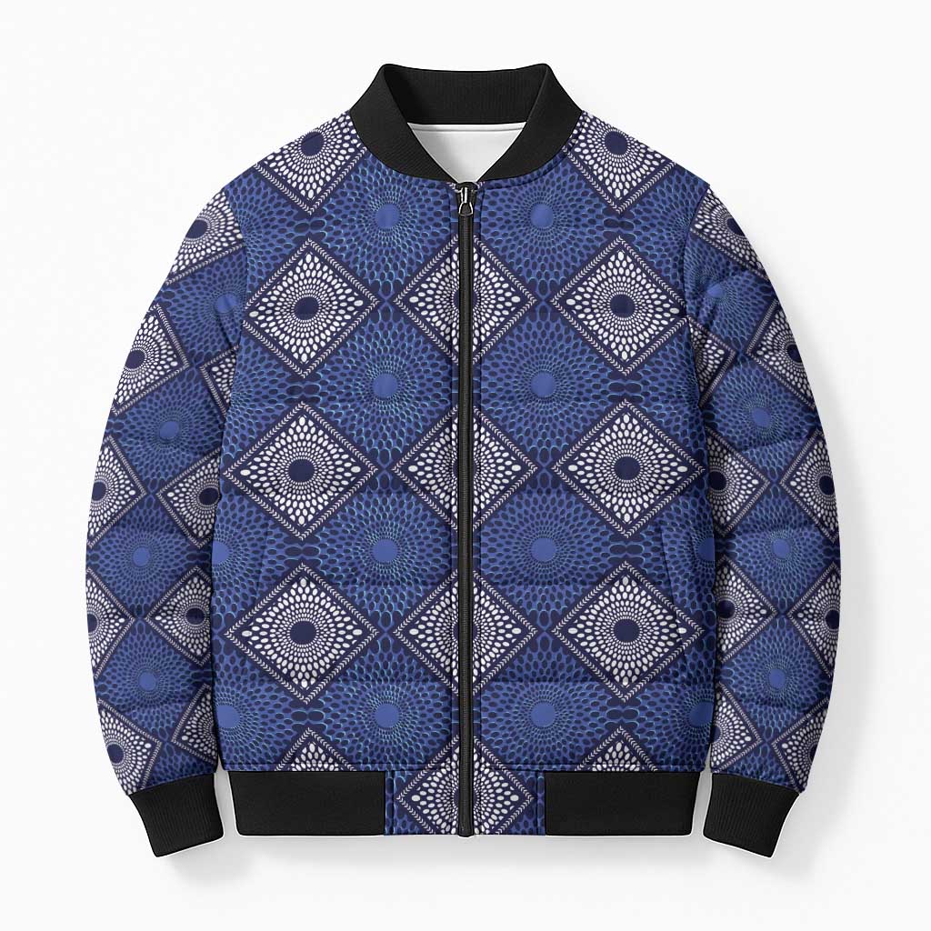 Indigo Diamond African Ankara Pattern Bomber Puffer Jacket