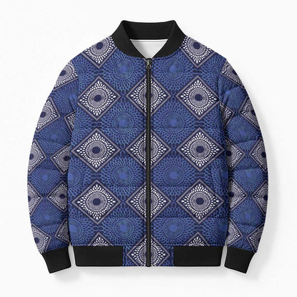 Indigo Diamond African Ankara Pattern Bomber Puffer Jacket