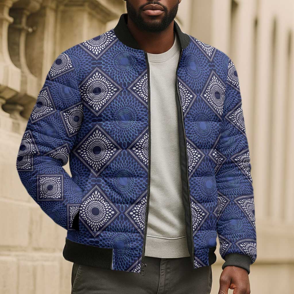 Indigo Diamond African Ankara Pattern Bomber Puffer Jacket