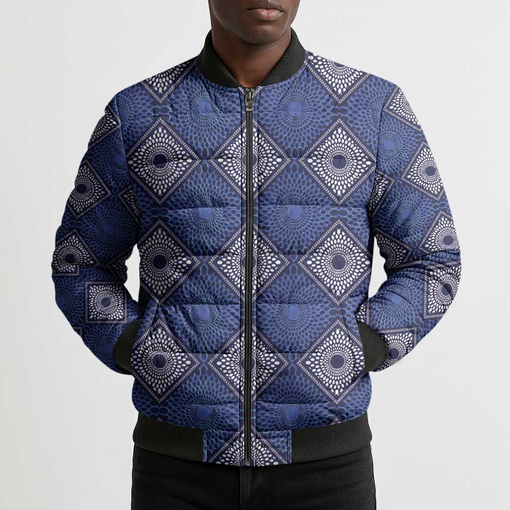 Indigo Diamond African Ankara Pattern Bomber Puffer Jacket
