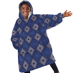 Indigo Diamond African Ankara Pattern Kid Wearable Blanket Hoodie