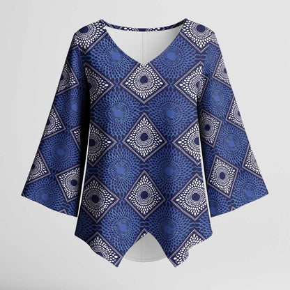 Indigo Diamond African Ankara Pattern Kimono Sleeve Blouse