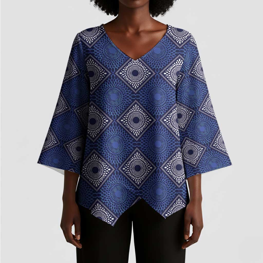 Indigo Diamond African Ankara Pattern Kimono Sleeve Blouse