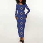Indigo Diamond African Ankara Pattern Long Sleeve Bodycon Dress