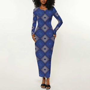 Indigo Diamond African Ankara Pattern Long Sleeve Bodycon Dress