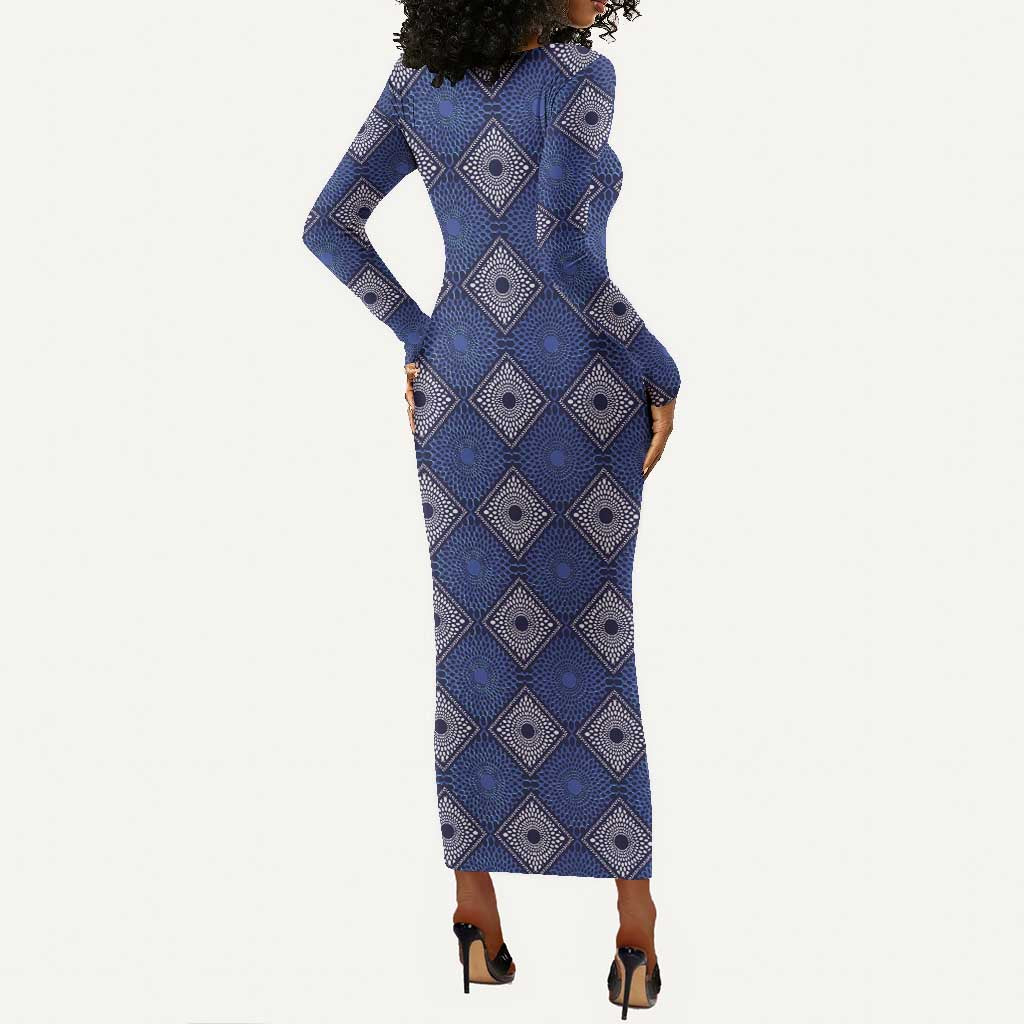 Indigo Diamond African Ankara Pattern Long Sleeve Bodycon Dress