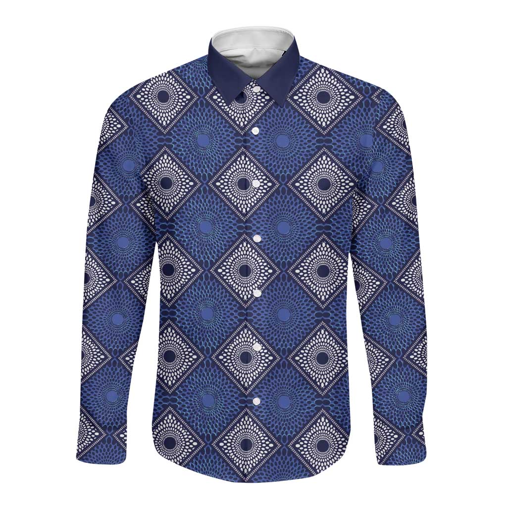 Indigo Diamond African Ankara Pattern Long Sleeve Button Shirt