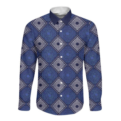 Indigo Diamond African Ankara Pattern Long Sleeve Button Shirt