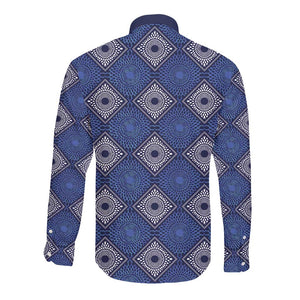 Indigo Diamond African Ankara Pattern Long Sleeve Button Shirt