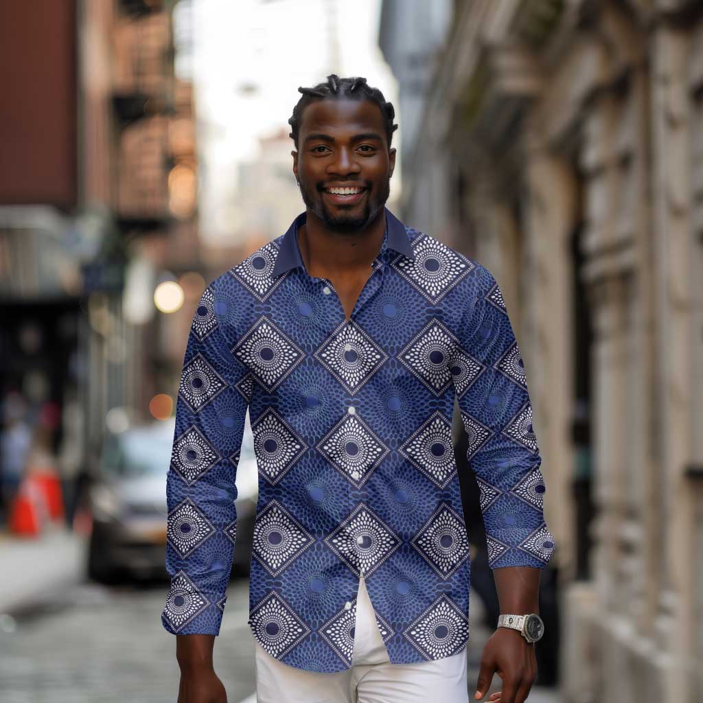 Indigo Diamond African Ankara Pattern Long Sleeve Button Shirt